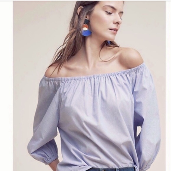 Maeve Tops - Maeve Blue & White Pinstripes Off The Shoulder Top